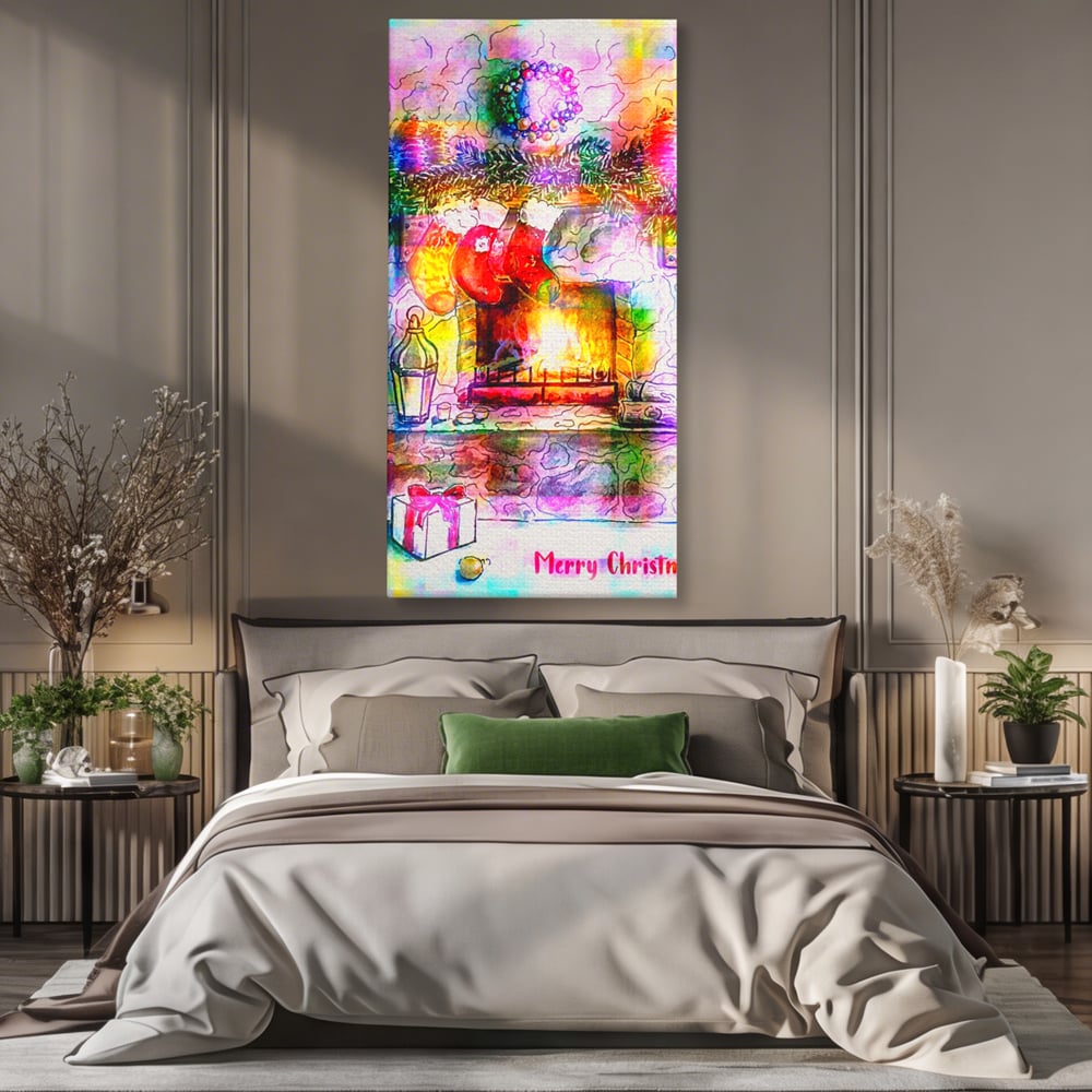 Tablou canvas cu tablou canvas cu peisaj festiv de craciun, fara rama, pe sasiu de lemn, pe perete intr-un dormitor